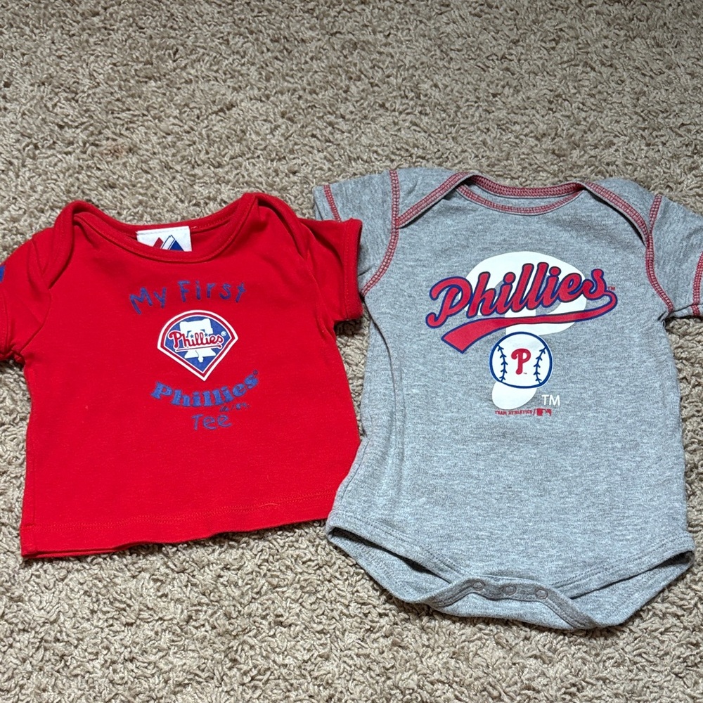 Phillies Kids Red shirt and Gray onesie set, size 3-6 month